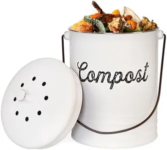 AuldHome White Enamelware Compost Bin, Farmhouse Compost Can Set with Lid and Charcoal Filters, 1.3 Gallon