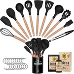 BeeNatural Silicone Kitchen Utensils Set, 22 Pieces Cooking Utensil Set, Natural Wooden Handles Cooking Tool Kitchen Gadgets, Best Spatula Turner Nonstick Cookware (Black) | Free eBook Included