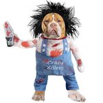 Deadly Dog Costume - Halloween Scary Dog Costume, Adjustable Dog Cosplay Costume Funny Doll Wig Pug Dog Party Clothes Christmas Killer Dog Costume with Blood Knife for Small Medium Large Dogs