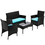 Patio Furniture Set,4 Pieces Outdoor Couch Patio Dining Conversation Set,Rattan Chairs Wicker Sofa with Tempered Glass Table for Porch,Backyard,Lawn,Pool(Blue)