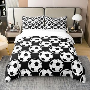 Erosebridal Football 100% Cotton Duvet Cover Queen Size Soccer Gamers Comforter Cover for Kids Boys Gaming Player Bedding Set Games World Cup Black White Ball Bedspread Cover with 2 Pillow Cases