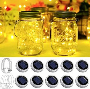 Solar Mason Jar Light Lids 10 Pack 20 LED Fairy String Light Inserts for Jars with Hangers Starry Lighting Waterproof Rust Resist for Patio Lawn Garden Wedding Lantern Decor No Jars (Warm White)