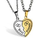 JewelryWe 2PCS Stainless Steel Love Heart Puzzles Necklaces Best Friends Engraved Pendant Friendship Chain for Men Women(Color Silver Gold)