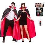 A2ZFD Super Deluxe Satin Vampire Cape (140cms) + Fangs + Gel Blood : Adult Unisex Halloween Fancy Dress Accessory Set, Black, One Size (2288WC AS1)