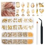 2680Pcs Champagne Gold Nails Rhinestones, 120Pcs Big Golden Nail Charms, Diamond Gems Stones with K9 Bling Flatback Round Beads, Clear Glass Crystal Jewelry for Nails Faces Eyes Makeup Decoration