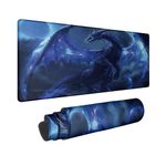 Dragon Extended Mouse Pad Mystic Dinosaur Galaxy Night Landscape Cool Animal Monster Royal Blue Black Polyester Rubber Waterproof Decor Company Library Office Stitched Edges Mousepad 31.5x12 Inch