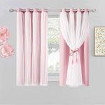 SOFJAGETQ Short Pink Room Darking Curtains with Sheer Overlay 54 Inch Length- Grommet Privacy Pink Drapes, Cute Window Treatments for Kids/Girls Bedroom Nursery LivingRoom, 52 x 54 in, 2 PCs