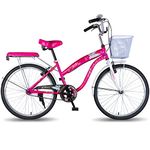 Vaux Angel 24T Women Cycle for Age Group 10+ Years with Heavyduty Basket & Cushion Backseat, Ladies Cycle with Alloy Rims, Ralson Tyres & V-Brakes, Ideal for Height 4ft+ (Pink)