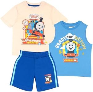 THOMAS & FRIENDS Boys 3 Piece Short Set Thomas and Friends Short Sleeve Shirt Tank Top Shirt and Shorts 3 Pack Bundle Set for Kids and Toddlers (Grey and Blue Size 4T)