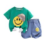 Bold N Elegant Kid's Playful Happy Face Print Cotton Half Sleeve T-shirt & Denim Shorts Summer Clothing Set for Infant Toddler Boys Girls (6-12 Months, Green - Blue)