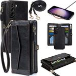 DKDKSIP for Samsung Galaxy S23 Wallet Case for Women, Support Wireless Charging with RFID Blocking Card Holder, Leather Zipper Detachable Magnetic Phone Case with Crossbody Strap Wristlet, Black