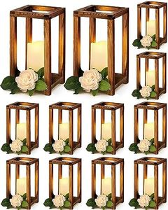 Huquary 24 Pcs Wedding Candle Lantern Bulk for Table Centerpiece Includes 12 Vintage Wooden Candle Holders and 12 Flameless Decorative LED Candles for Rustic Wedding Home Table Decoration(Brown)