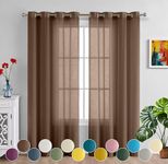 Linenweaves Cotton Linen Solid Sheer Curtain Set with Grommet Curtains Steel Rings Non Blackout Long Door Curtain - Set of 2 -Brown- 4.5Ft X8Ft