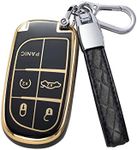 Homaupt for Jeep Key Fob Cover with PU Leather Keychain Lanyard, Soft TPU Key Shell Case Compatible with Jeep Grand Cherokee Compass Challenger Charger Durango Journey Renegade 3 4 5 Buttons Black