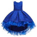 Jurebecia Baby Girls Flower Lace Wedding Bridesmaid Formal Dress Girl Birthday Party Pageant Princess Tulle Tutu Maxi High Low Special Occasion Ball Gown Size 5-6 Years, Blue