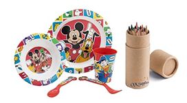 Mickey Cartoon Character Dinner Tableware Set 5pcs Plate, Bowl, Cup & Cutlery, BPA Free re-usable Plastic Microwave Safe Includes Half Size 12pcs Pencil Set (Mickey)