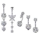 VCMART 5pcs 14G Belly Button Ring Heart Butterfly Clear Round Diamond Belly Button Piercing Surgical Steel Belly Button Rings Belly Rings for Women Navel Rings Piercing Jewelry Silver