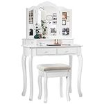 Giantex Vanity Table Set with Tri-Folding Mirror and 4 Drawers, Modern Bedroom Bathroom Dressing Table Makeup Desk with Cushioned Stool, for Women Girls (White)