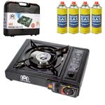 Portable Gas Cooker Stove with 4 Butane Canisters and Carry Case, Lightweight, Compact Outdoor Camping Stove, Premium Burner, Automatic Ignition (pack of 4)