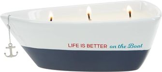 Pavilion Gift Company Life is Better 10 Oz Triple Wick Candle in Ceramic Boat Dish, Blue