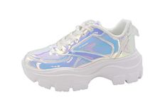 LUCKY STEP Women Chunky Platform Dad Colorblock White Neon Green Fuchsia Hologram Silver Casual Lace-Up Walking Sneakers(White Hologram,6 B(M) US)