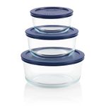 Pyrex Simply Store 6-Pc Glass Food Storage Container Set with Lid, 7-Cup, 4-Cup, & 2-Cup Round Glass Storage Containers with Lid, BPA-Free Lid, Dishwasher, Microwave and Freezer Safe, Blue