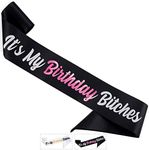 CORRURE 'It's My Birthday Bitches' Birthday Sash with Pink Foil - Soft Black Satin Sash for Women and Men - Happy Birthday Sash for Girls, Sweet 16, 18th 21st 25th 30th 40th 50th or Any Other Bday