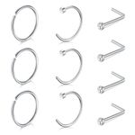 WillTen 10Pcs Nose Ring Silver Nose Stud Nose Piercing Jewellery, 20G Nose Hoops Nose Bar Thin Nose Ring Set L Shape Nose Stud Surgical Steel Nose Jewellery for Women