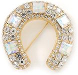 Clear And AB Crystal Horseshoe Brooch In Gold Plating - 35mm, One Size, Crystal gold-plated, no gemstone