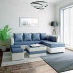 CASASTYLE Marbon 8 Seater Fabric RHS L Shape Sofa Set with Centre Table & 2 Puffy (Blue-Light Grey)