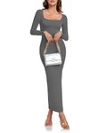 WNEEDU Women Fall Long Sleeve Maxi Dress Sexy Bodycon Square Neck Dress Ribbed Lounge Dresses, Grey S