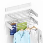 Clothes Drying Rack, YEPATER Wall Mounted Drying Rack for Indoor Outdoor Laundry Bathroom, 5 Stainless Steel Rods, 60 lb Capacity, with Wall Template Screwdriver Bit, Drill Bit,White(31.5 in)