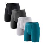 KNITLORD Mens Boxers Breathable Boxer Briefs Long Leg Bamboo Mens Underwear with Fly 4 Pack (S)