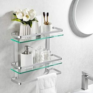 KES Etagere Salle de Bain avec Porte-Serviettes Aluminium Étagère Murale en Verre 8MM Verre Trempé Épais Rangement Douche Deux Niveaux Argent, A4127B