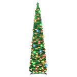 5 FT Pencil Christmas Tree with 90 Colorful Lights, Collapsible Artificial Sequin Pop Up Christmas Tree, Skinny Pencil Tinsel Christmas Trees, Xmas Tree for Home Apartment Basement Fireplace