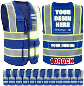 Jykuvtf Custom Safety Vest with Logo, Hi-Vis Reflective Work Vest with Pockets, Personalized High Visibility Vest, Enhanced Visibility for Construction, Road Work and Job Sites, Blue 10pack