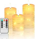Flameless Candles-Flickering Candles- Battery Candles-electric candles . Candles inlaid with string lights flickering candles with Remote and Timer.For Seasonal and Festival Celebration’s candles（Set of 3）