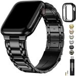 Fullmosa Compatible with Apple Watch Straps 45mm 44mm 42mm Stainless Steel Replacement iWatch Bands with TPU Protective Case for Series 9 8 7 6 5 4 3 2 1 SE, Black