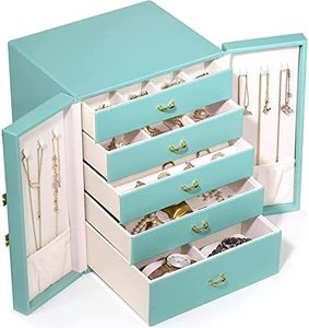 Large Leather Jewelry Box Luxury Table Top Jewelry Chest 5 Layer Jewelry Display Storage Case Removeable Drawers for Earring Necklace Bracelets Rings Watches Jewelry Holder (Blue)