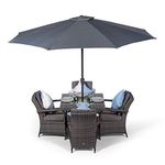 Arizona Rattan Dining Set | Luxury Square 4 Seater Grey Rattan Table & Chairs Set with Ice Bucket Drinks Cooler | Outdoor Poly Rattan Garden Dining Furniture Set with Parasol & Cover