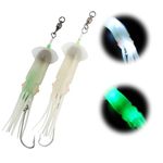 Dr.Fish Saltwater Squid Fishing Lures, 6" LED Fishing Lures 6/0 Hooks Squid Jig Halibut Lincod Jig Salmon Trolling Lures Deep Drop Light Flasher Offshore Lures Mackerel Tuna Green & White