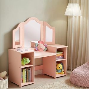 Kovhzcu Kids Vanity, 2 in 1 Princess Makeup Vanity Storage Cabinet with Detachable Top, Girls Vanity Set with Tri-fold Mirror, Kids Vanity Set with Mirror Age 3-9 (Pink)
