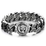 COOLSTEELANDBEYOND Viking Bracelet, Circle Clasp of Wolf, Stainless Steel Grid Pattern Curb Chain Norse Amulet, for Men（CA）