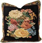 Tache Black Tapestry Floral Cushion Cover - Pink Rose Vintage French Country Rustic Midnight Awakening Accent Woven Throw Pillow Cover, 18 x 18 inches