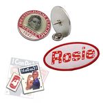 ROSIE THE RIVETER FAVORITES — 3 Item Set with Historically Accurate Enamel Employment Pin, Employment Name Patch, and 3 Patriotic Rosie Tattoos