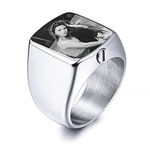 INBLUE Personalized Stainless Steel Cremation Urn Signet Ring for Men Women Pet Customized Black & White Photo Ashes Holder Memorial Jewelry with Funnel Kit (Silver Size P)