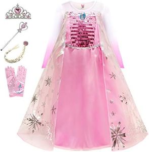 Eleasica Petites Filles Robe Longue Déguisements Manches Longues Princesse Elsa Reine des Neiges Costume et Accessoires Diadème Gants Baguette Magique et Tresse Bleu Robe de Soirée, Rose, 110