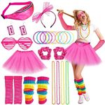 Fuguan 26Pcs 80s Costume Accessories Set for Women Neon Leg Warmer Tutu Skirt Lace Headband Bracelet Earrings for 80s Party