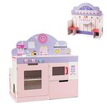 COSTWAY 2 in 1 Kids Play Kitchen, Double Sided Pretend Cooking Playset with Turnable Knobs and Storage Shelf, Simulation Cook Toy Set for Toddlers (Pink+Purple)