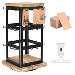 J JACKCUBE DESIGN 3 Tier 360 Rotating Black Metal Earring Holder Organizer, Jewelry Display Rack, Vintage Farmhouse Style Stand for Necklaces, Piercings with 48 Hooks and Wood Tray Shelf -MK1073A